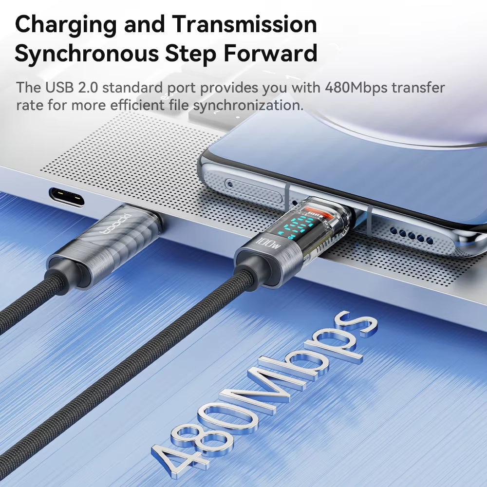 Type C to Type C Cable 100W PD Display Fast Charging Charger USB C to USB C Transparent Cable for Xiaomi Macbook